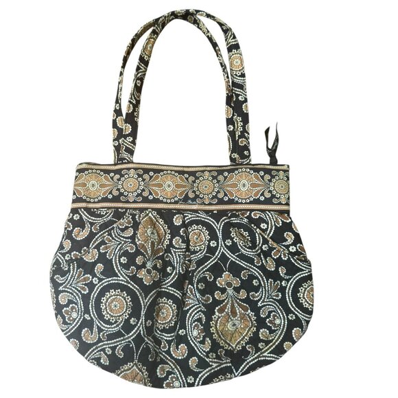 Vera Bradley Caffee Latte Morgan Paisley Floral Purse Blk/Brn Cotton 10x11x4" - Picture 1 of 8